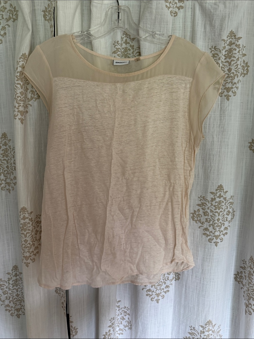 DKNY Sheer Yoke Cap Sleeve Top in Light Beige